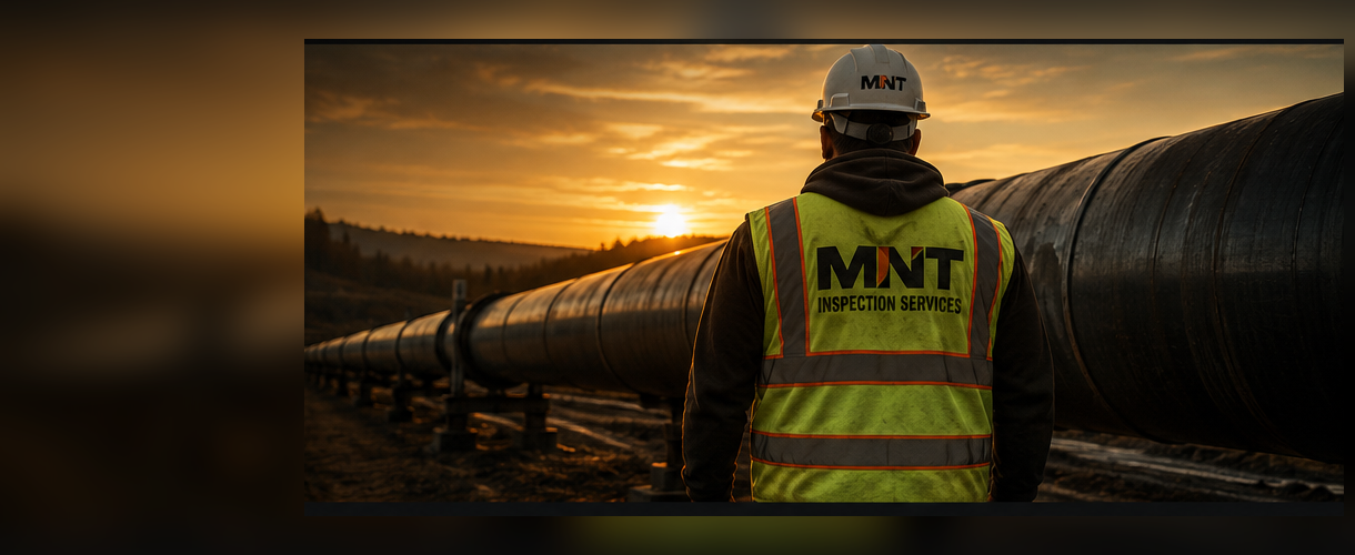 MNT field inspector beside pipeline at sunset