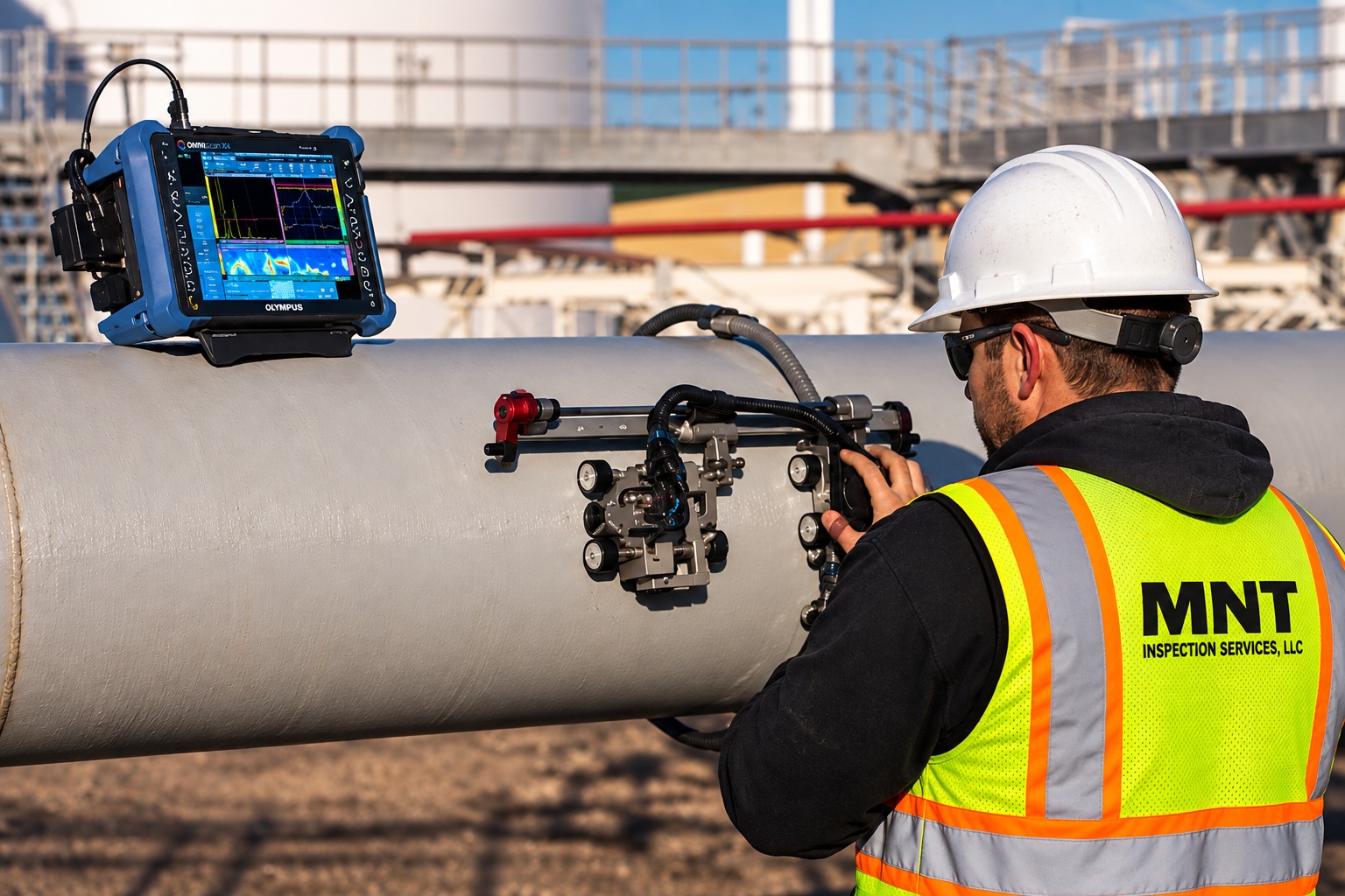 MNT technician performing automated ultrasonic corrosion mapping on a pipeline